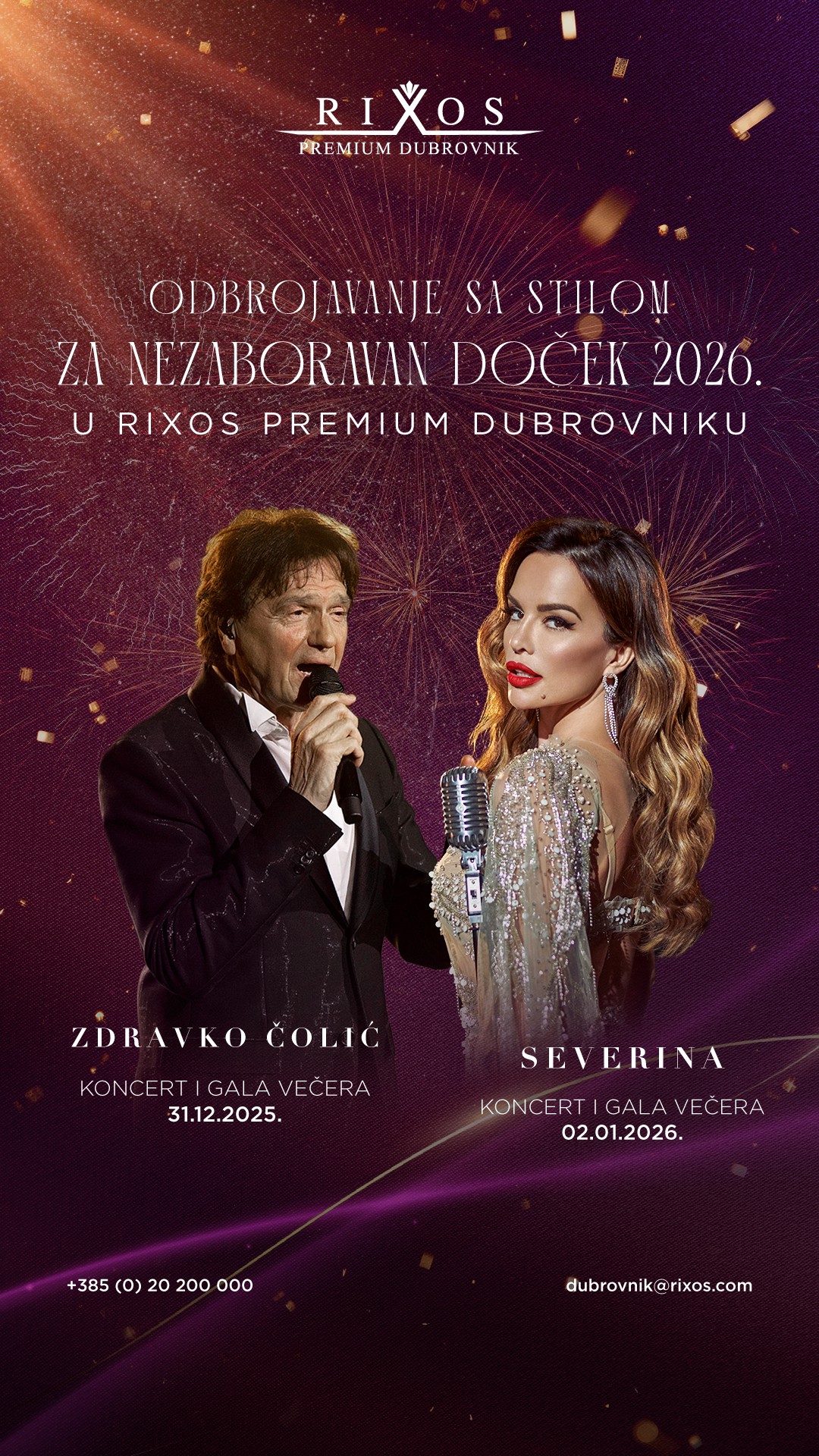 Zdravko Čolić i Severina obilježit će doček Nove 2026. u Rixos Premium Dubrovniku